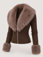 Women's Faux Fur Trim Zip Knit Cardigan
