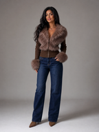 Women's Faux Fur Trim Zip Knit Cardigan