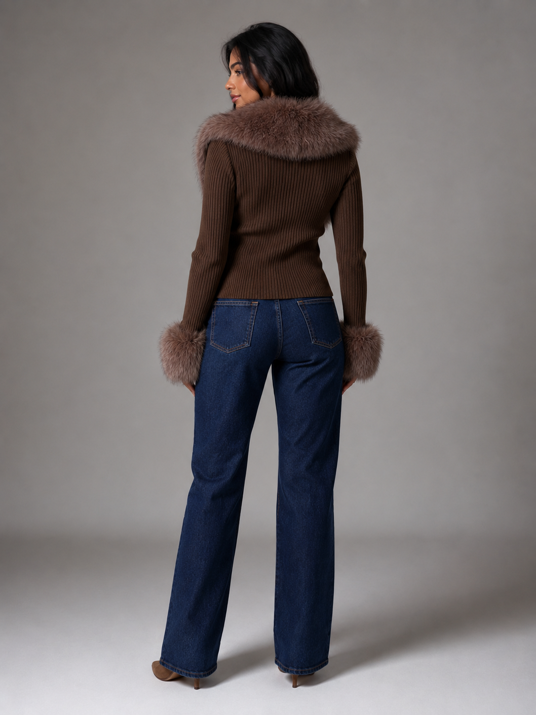 Women's Faux Fur Trim Zip Knit Cardigan
