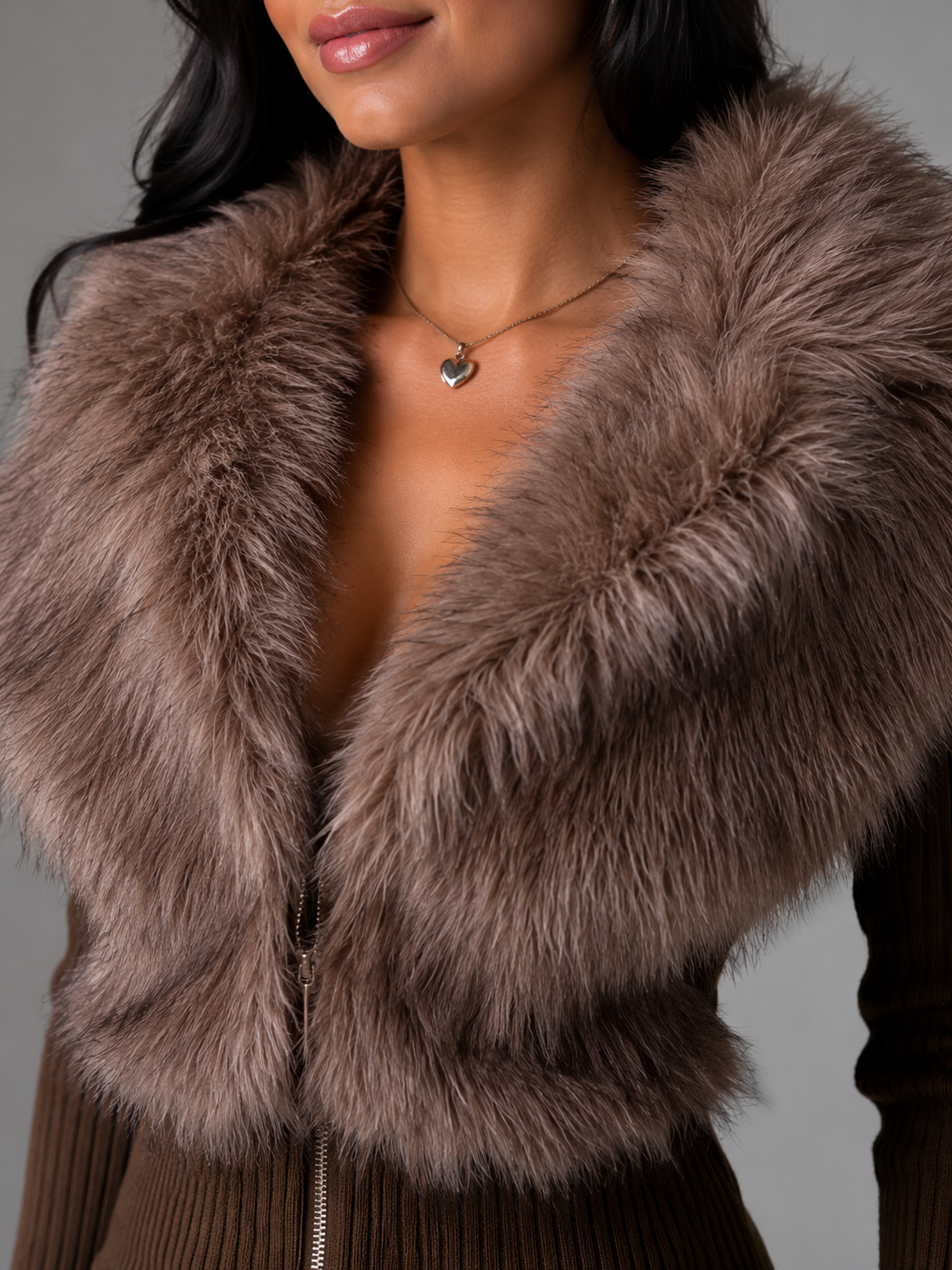 Women's Faux Fur Trim Zip Knit Cardigan