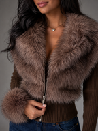 Women's Faux Fur Trim Zip Knit Cardigan
