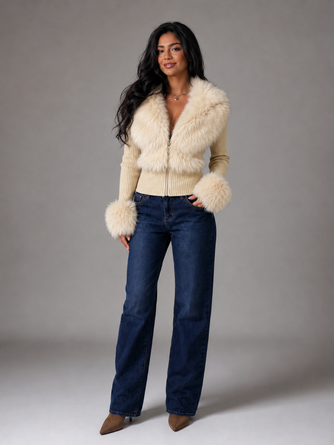 Women's Faux Fur Trim Zip Knit Cardigan
