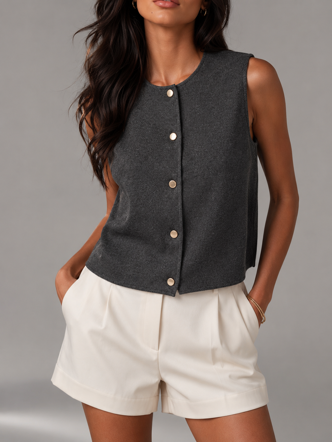 Button Front Knit Vest Autumn Women