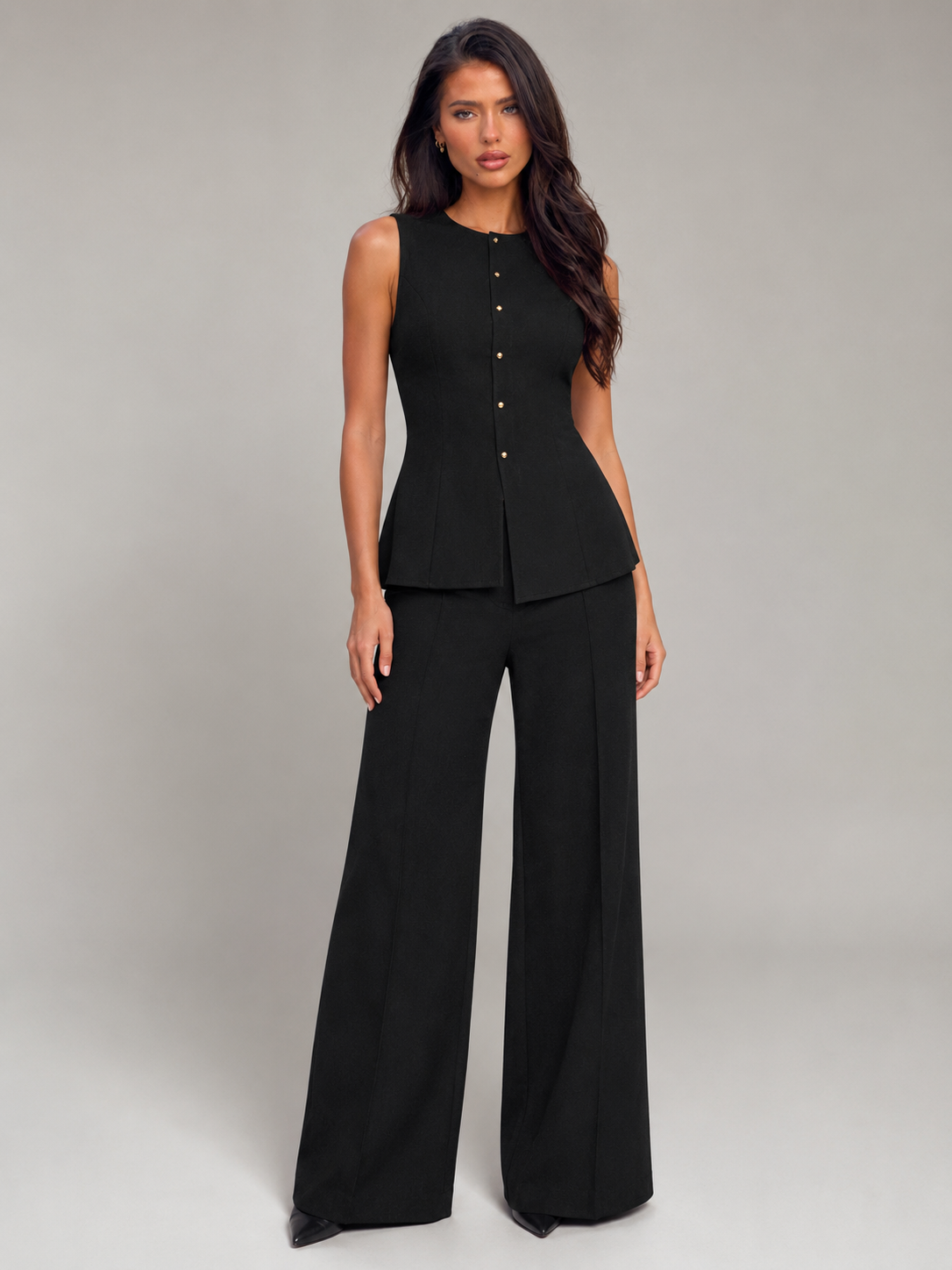 Black Tailored Vest and Wide-Leg Pant Set
