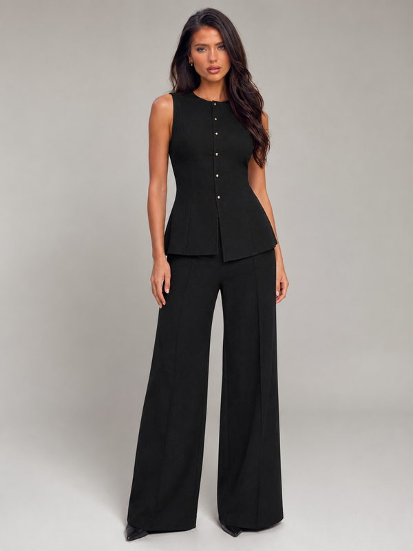 Conjunto de chaleco entallado negro y pantalón de pierna ancha