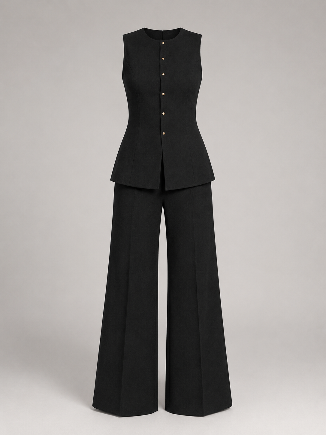 Conjunto de chaleco entallado negro y pantalón de pierna ancha