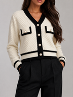 Contrast-Trim Textured Cardigan | Button-Front Knit