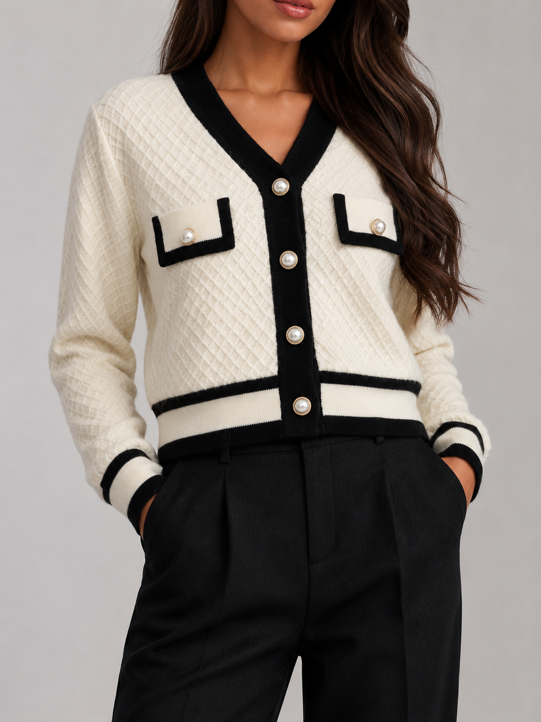 Contrast-Trim Textured Cardigan | Button-Front Knit