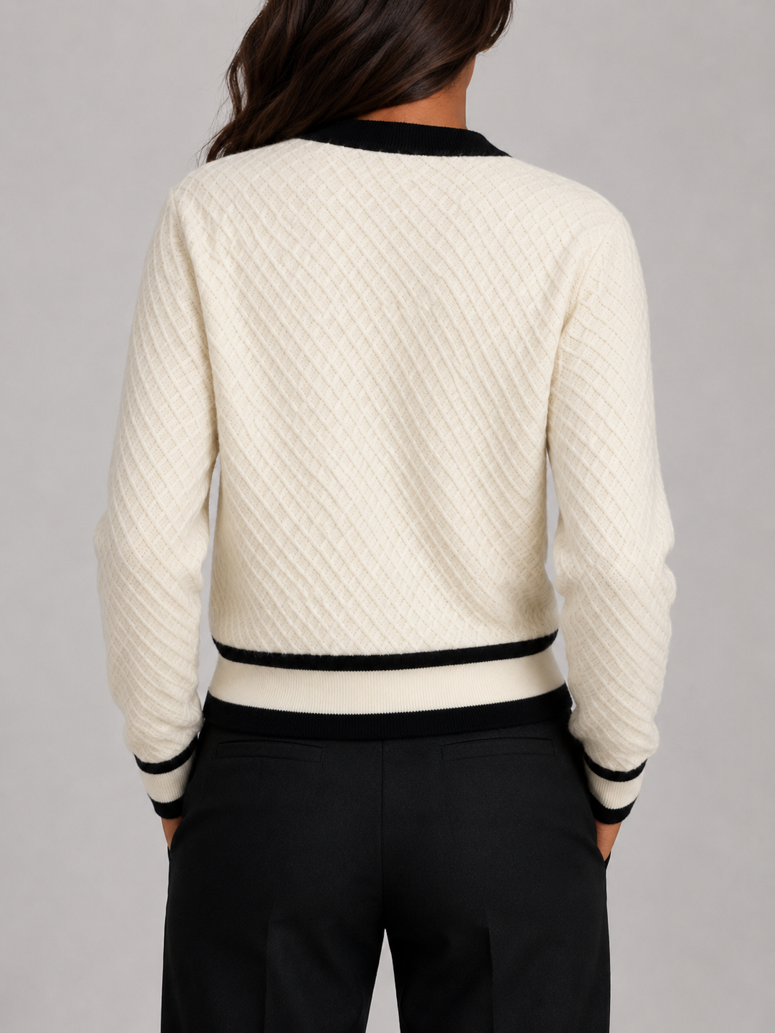 Contrast-Trim Textured Cardigan | Button-Front Knit