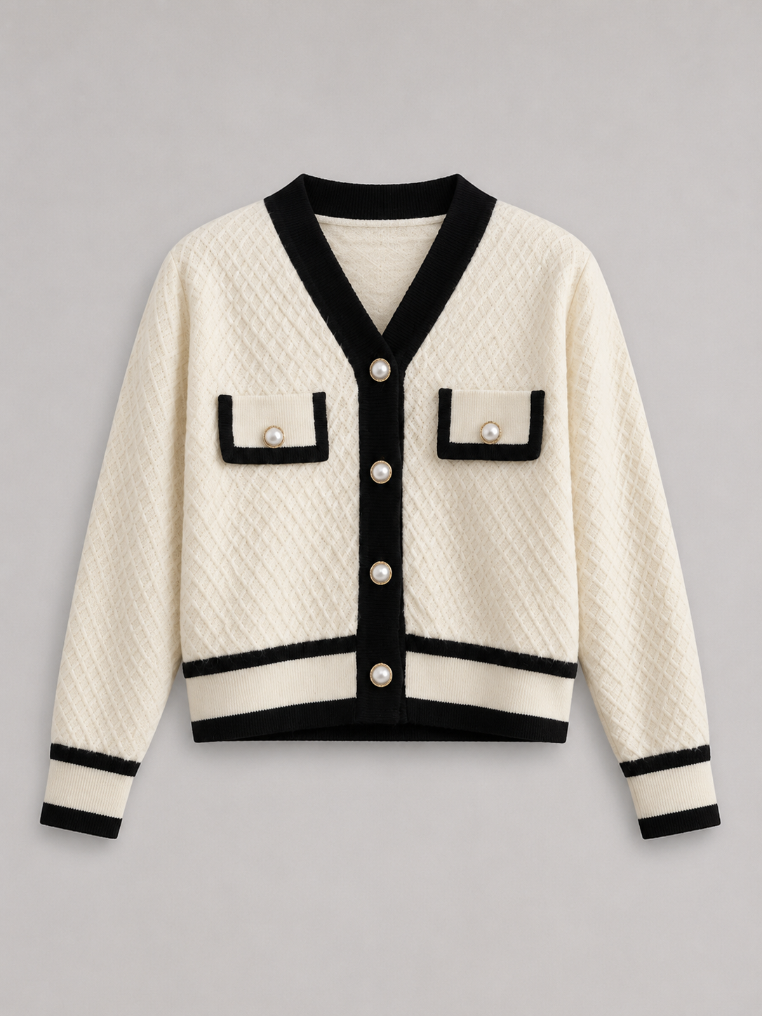 Contrast-Trim Textured Cardigan | Button-Front Knit