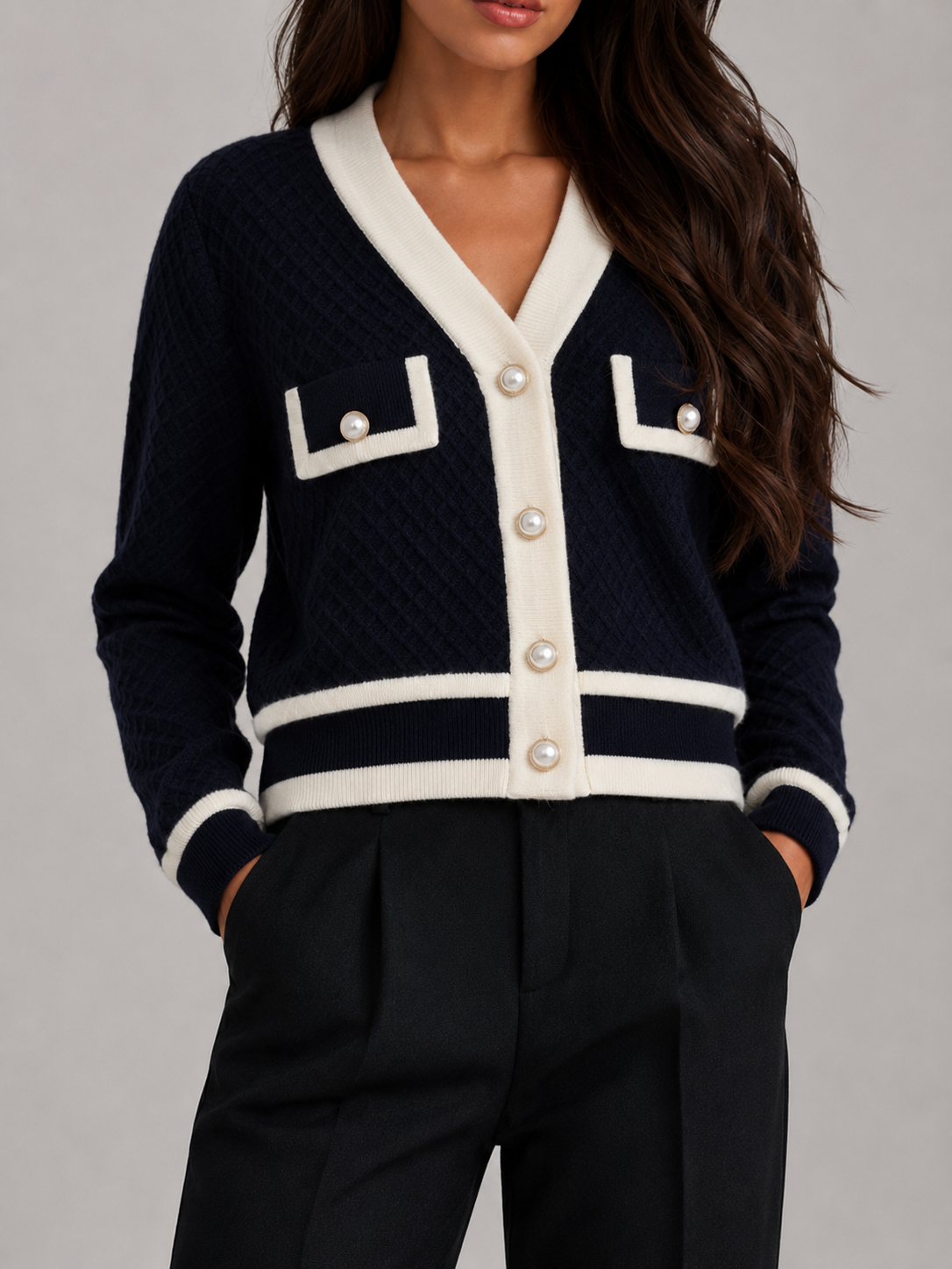 Contrast-Trim Textured Cardigan | Button-Front Knit