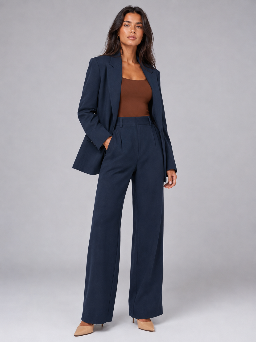 Women's Tailored Blazer And Wide-Leg Pants Set Navy