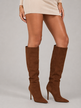 Women's Suede-Look Pointed-Toe Knee-High Boots Brown