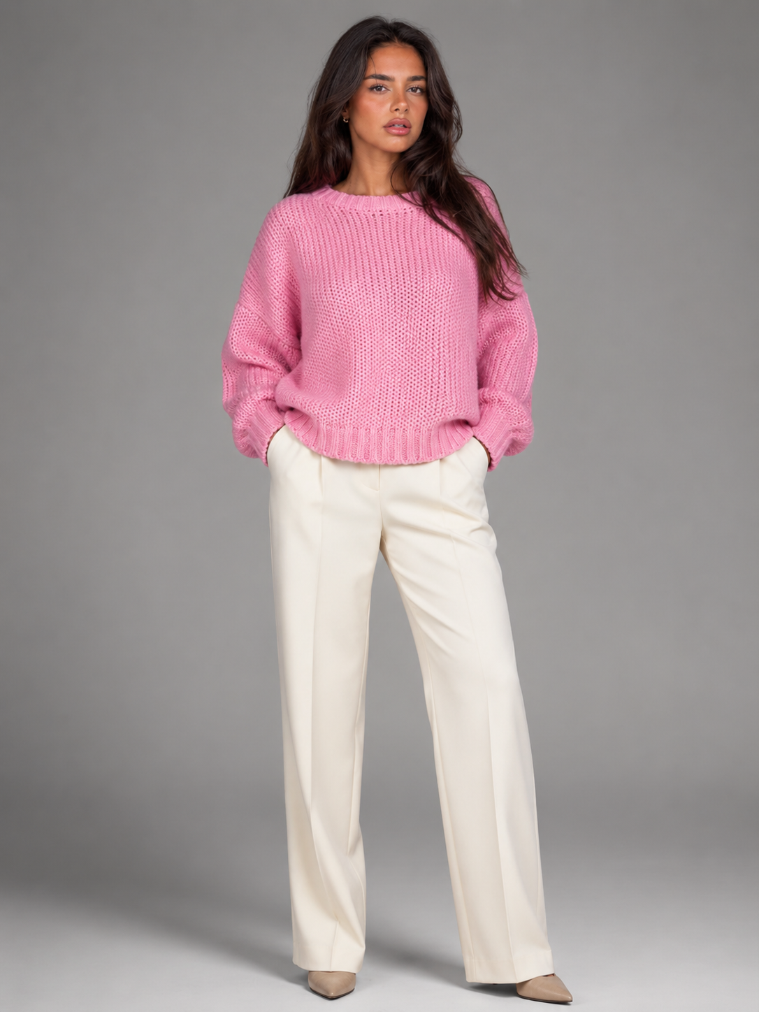 Women's Chunky Knit Oversized Crewneck Sweater Pink