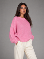 Women's Chunky Knit Oversized Crewneck Sweater Pink
