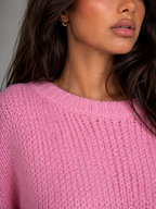 Women's Chunky Knit Oversized Crewneck Sweater Pink