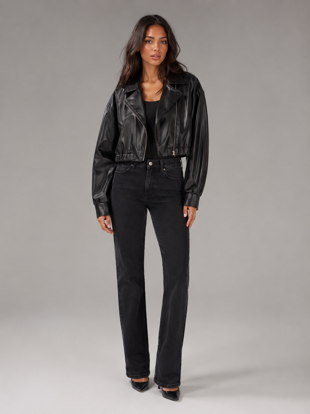 Cropped Faux Leather Zip Biker Jacket Women