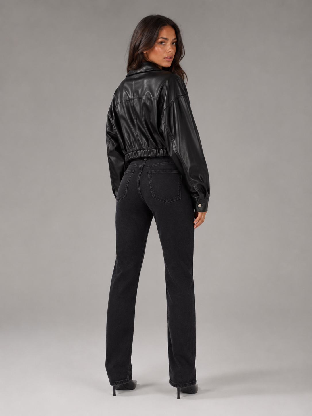 Cropped Faux Leather Zip Biker Jacket Women