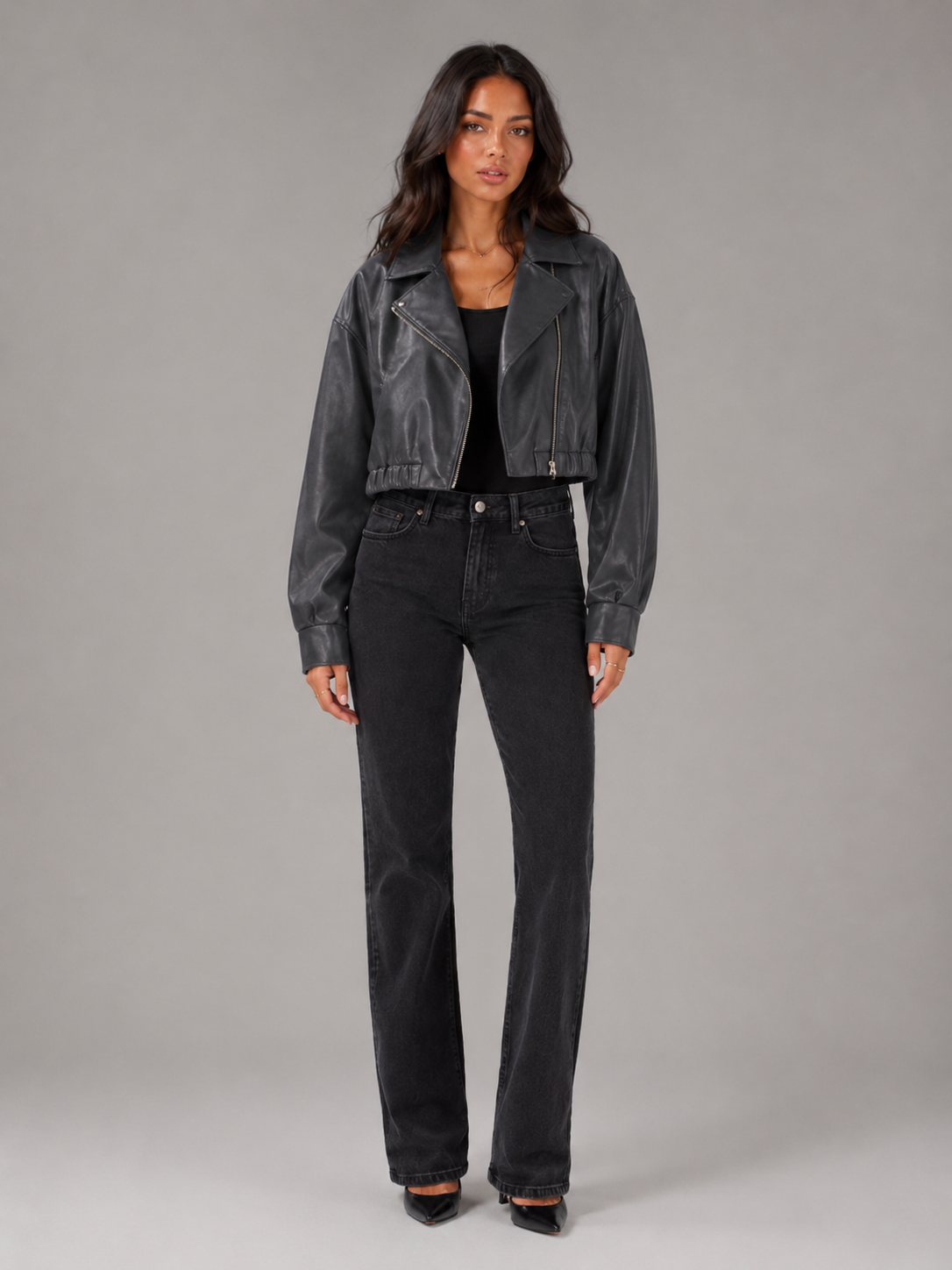 Cropped Faux Leather Zip Biker Jacket Women