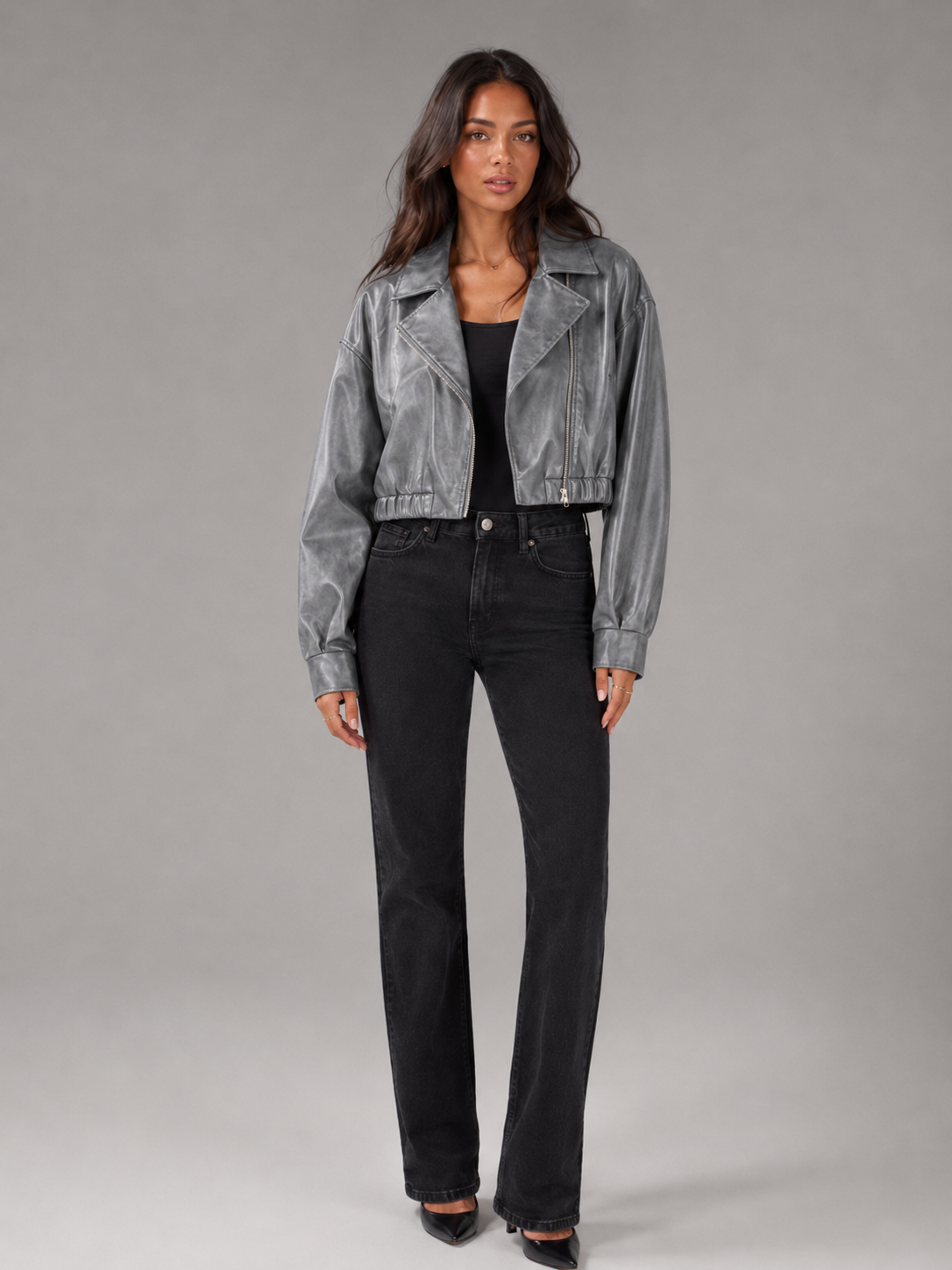Cropped Faux Leather Zip Biker Jacket Women