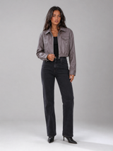 Washed Faux Leather Cropped Trucker Jacket Women