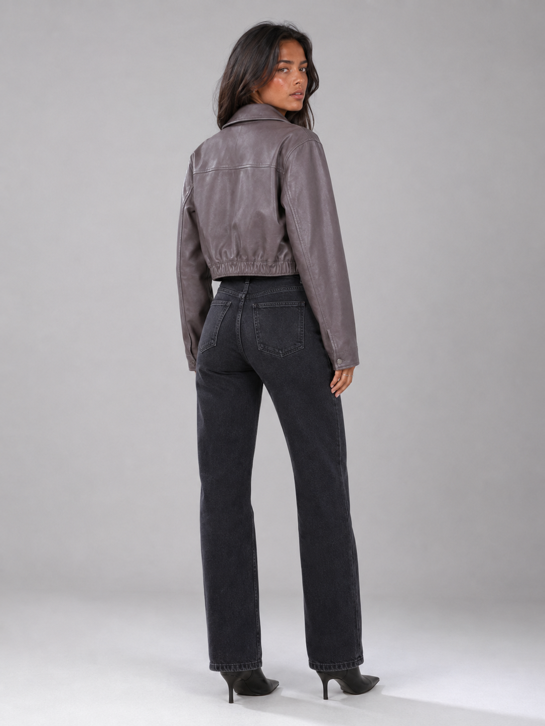 Washed Faux Leather Cropped Trucker Jacket Women