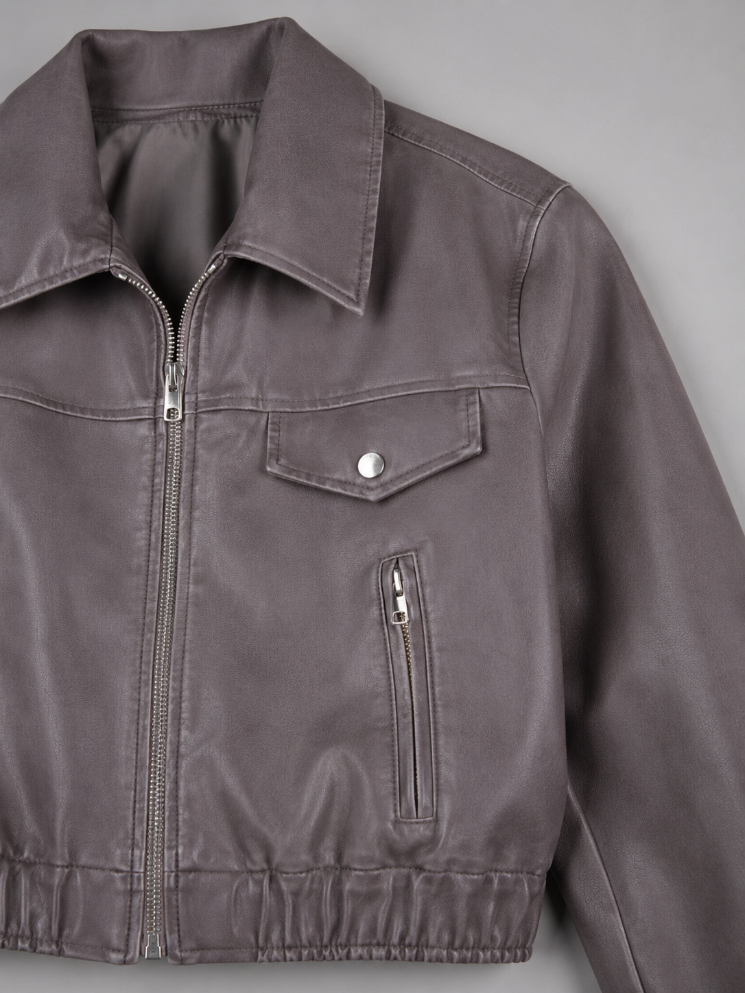 Washed Faux Leather Cropped Trucker Jacket Women