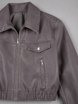 Washed Faux Leather Cropped Trucker Jacket Women