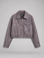 Washed Faux Leather Cropped Trucker Jacket Women