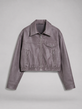 Washed Faux Leather Cropped Trucker Jacket Women