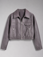 Washed Faux Leather Cropped Trucker Jacket Women