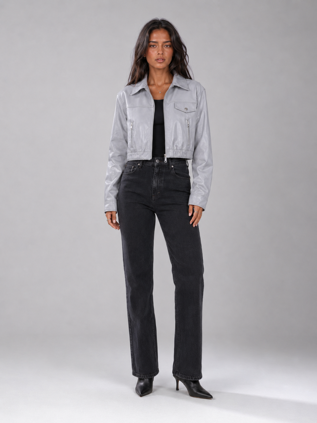 Washed Faux Leather Cropped Trucker Jacket Women