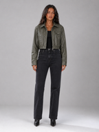 Washed Faux Leather Cropped Trucker Jacket Women