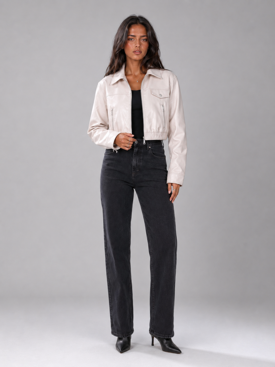 Washed Faux Leather Cropped Trucker Jacket Women