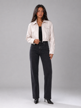 Washed Faux Leather Cropped Trucker Jacket Women