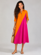 Colorblock Collared Midi Dress Summer Women