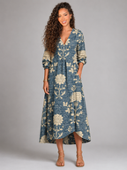 Vestido midi de lino azul marino con estampado floral para mujer