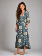 Vestido midi de lino azul marino con estampado floral para mujer