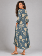 Vestido midi de lino azul marino con estampado floral para mujer