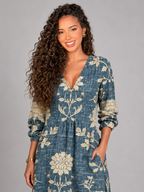 Vestido midi de lino azul marino con estampado floral para mujer