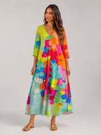Vestido largo con escote en V y estampado acuarela para mujer en verano