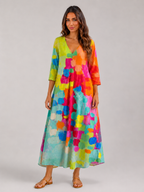 Vestido largo con escote en V y estampado acuarela para mujer en verano