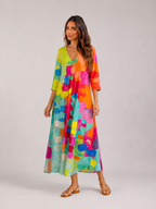 Vestido largo con escote en V y estampado acuarela para mujer en verano
