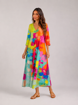 Watercolor Print V Neck Maxi Dress Summer Women