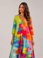Vestido largo con escote en V y estampado acuarela para mujer en verano