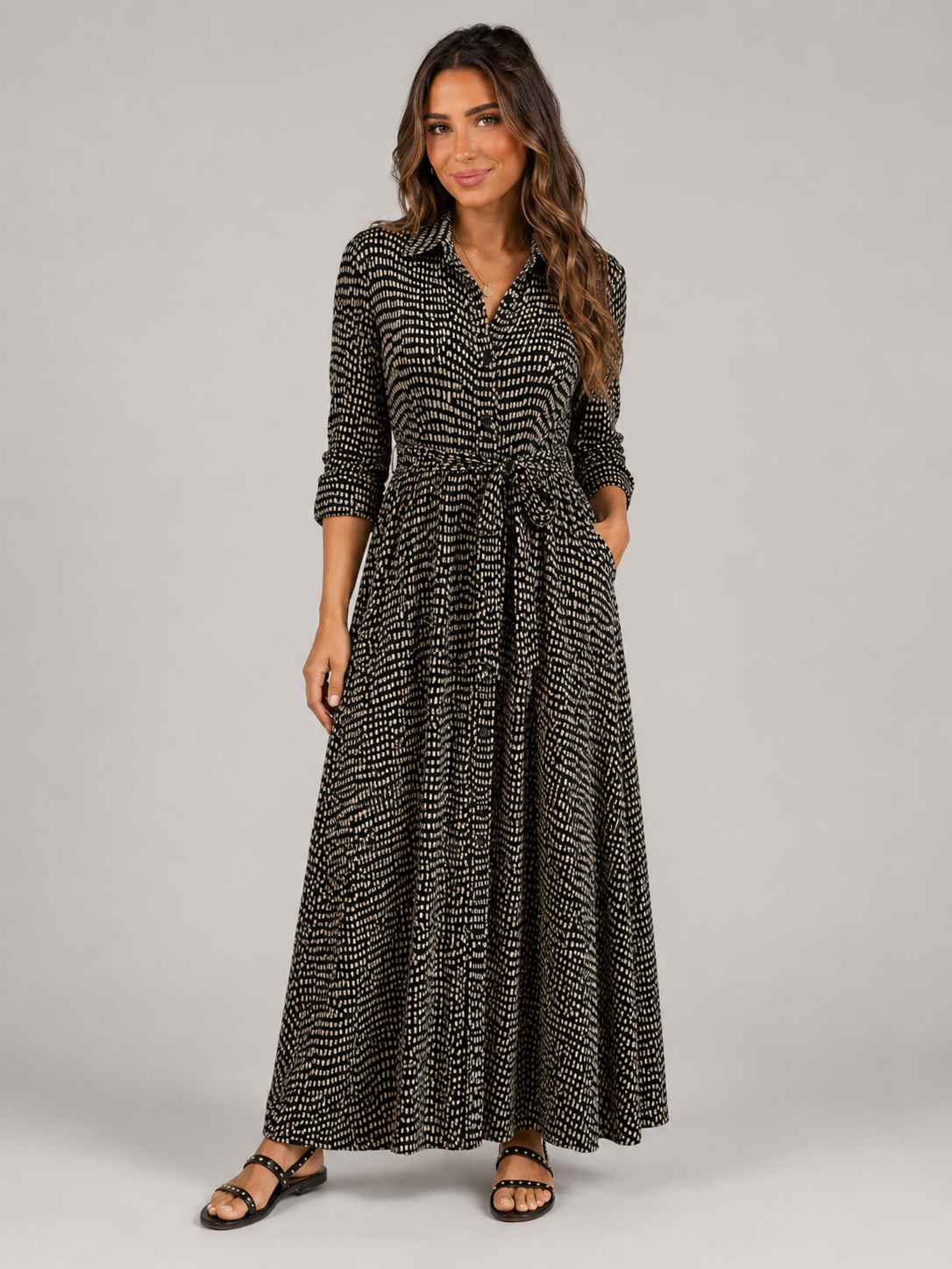 Vestido camisa largo con lunares y cinturón de lazo para mujer
