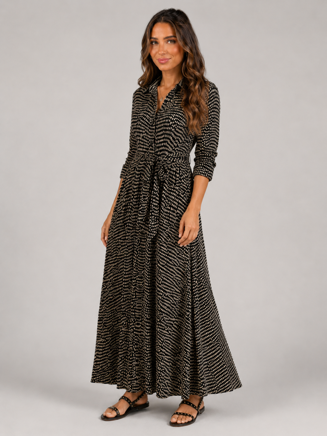 Vestido camisa largo con lunares y cinturón de lazo para mujer