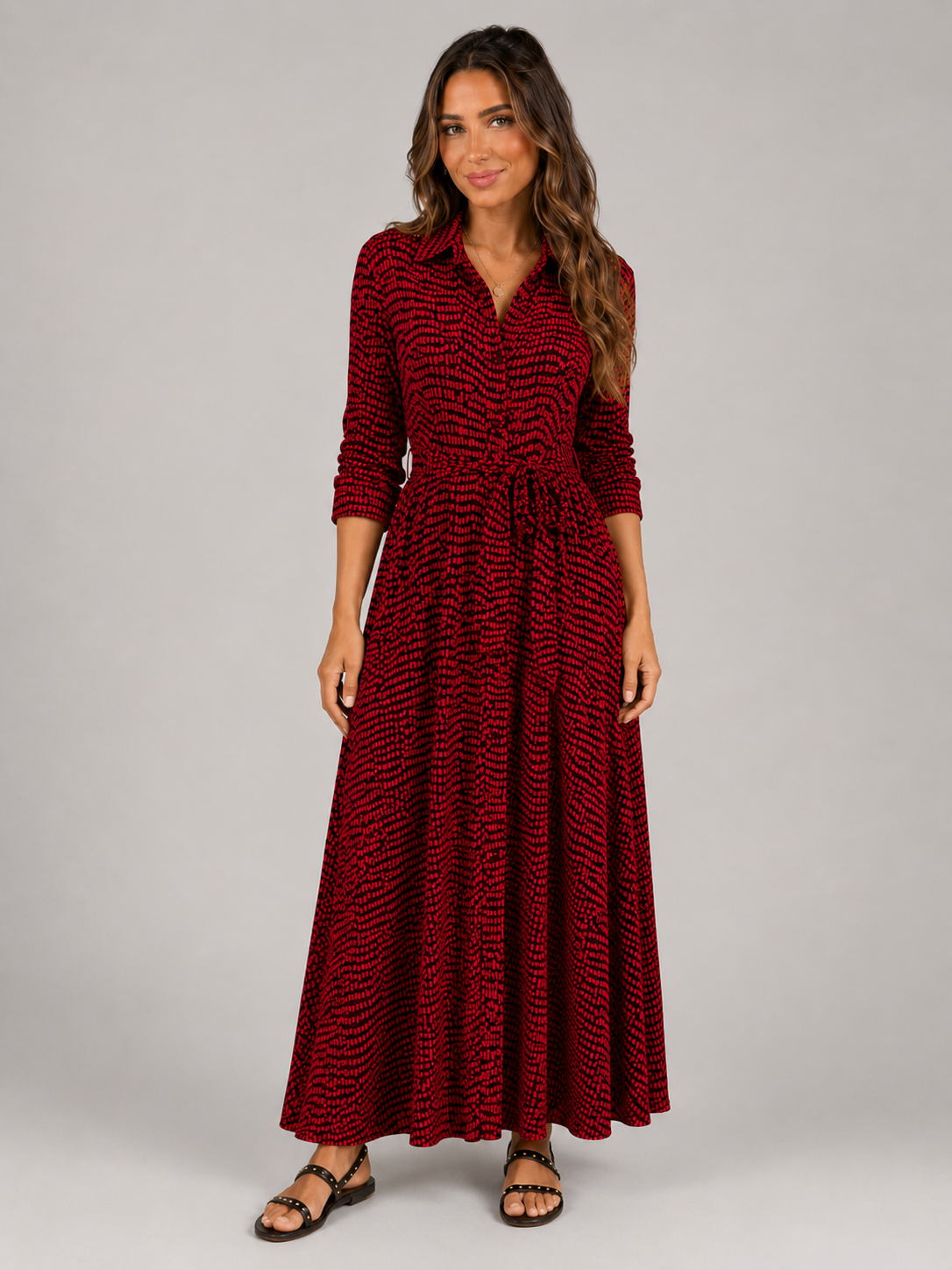 Vestido camisa largo con lunares y cinturón de lazo para mujer