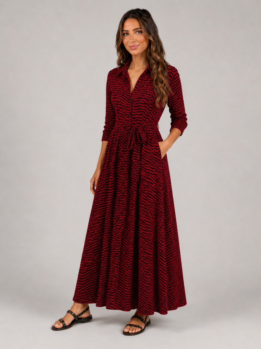 Vestido camisa largo con lunares y cinturón de lazo para mujer