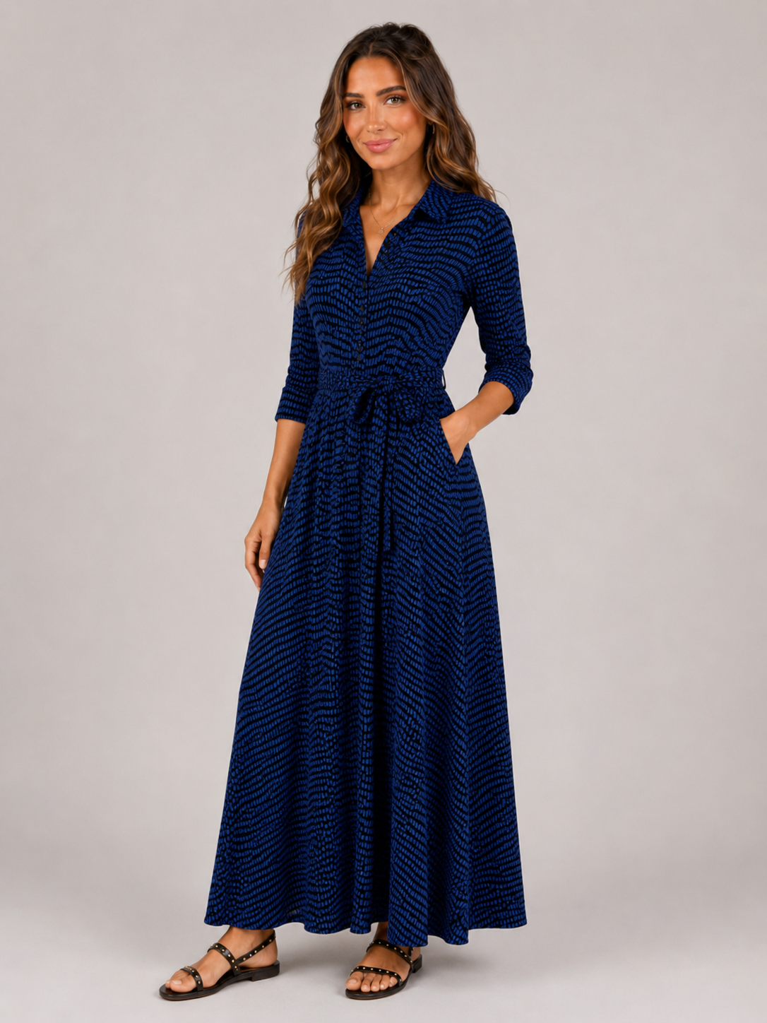 Vestido camisa largo con lunares y cinturón de lazo para mujer